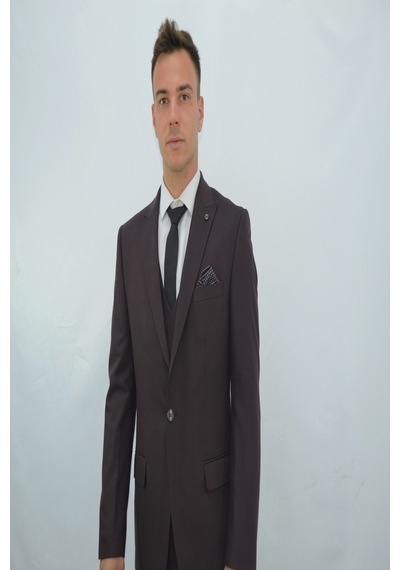 Presto Erkek Yelekli Slimfit Takım Elbise 6 Drop Bordo-773-800 Bordo