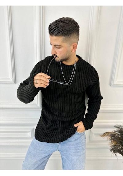 Elku Moda Kazak Oversize Çift Kat Zincir Örgü Naturel Pamuk Bol Kesim Tüylenmez Triko Kazak Siyah