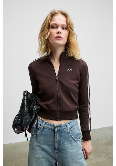 Grımelange Repeta Kadın Dik Yakalı Nakış Detaylı Fermuarlı Slim Fit Kahverengi Ceket Kahverengi