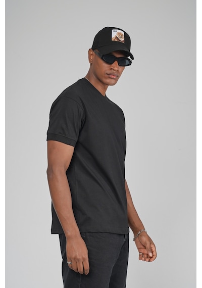 King Brich Slim Fit Kalıp Kolu Ribanalı Basic %100 Pamuklu Tişört Siyah
