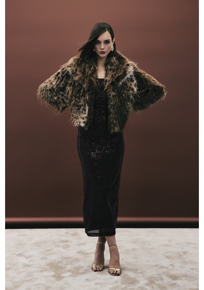 Sateen Leopar Desenli Kürk - Kahve-136710 Kahve