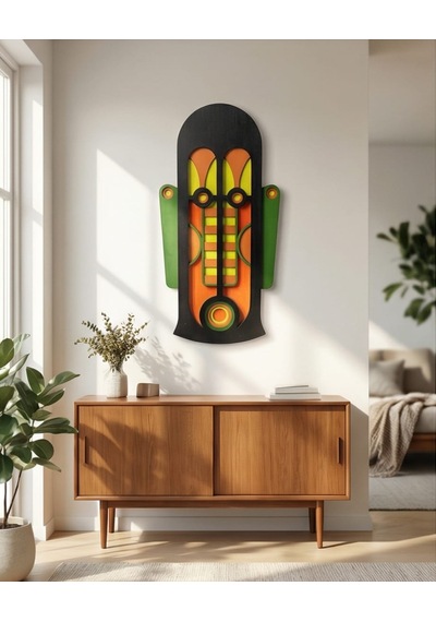 Modern Afrika Tarzı Ahşap Duvar Maskı Mdf - Siyah Turuncu Yeşil Geometrik Tribal Mask 1
