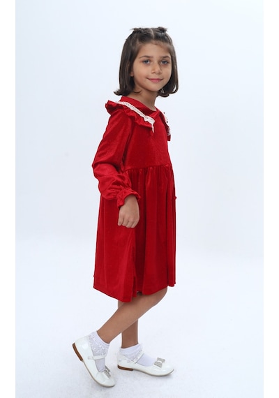 Toontoy Kids Toontoy Kız Çocuk Yaka Detaylı Fırfırlı Elbise Kırmızı