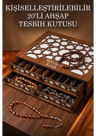 Kişiye Özel İsim Yazılabilir 2 Katlı Ahşap Tesbih Kutusu 20'lik Tesbih Organizer Kutusu İnce Tesbihler İçin Diğer