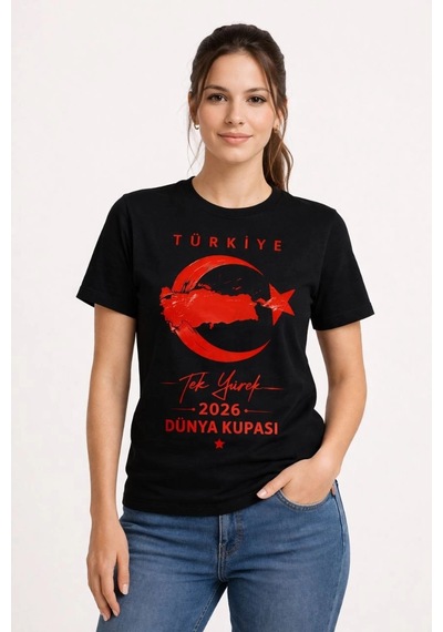 Moda Kadın Türkiye Ay Yıldız 2026 Dünya Kupasi Taraftar Forma T-shirt - Siyah Çok Renkli