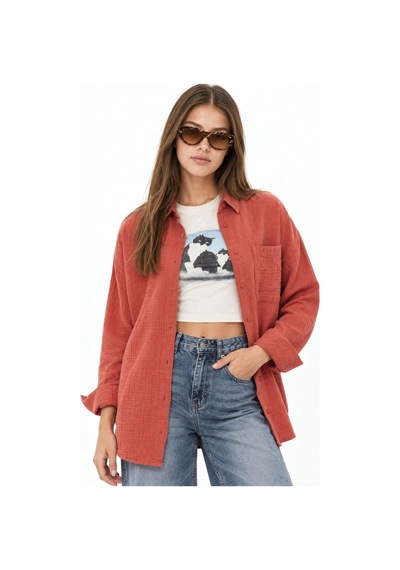 Hiccup Mixray Oversize Muslin Basic Gömlek Kırmızı