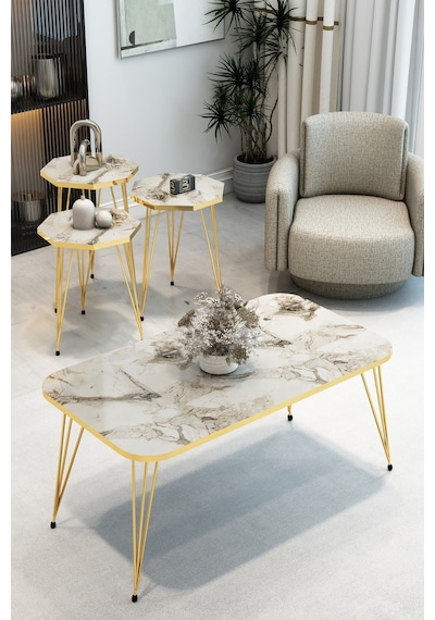 3'lü Sekizgen Zigon Sehpa Ve Dikdörtgen Orta Sehpa Takımı Modern Gold Metal Ayaklı Salon Sehpa Seti Beyaz Mermer 3'lü Sekizgen Zigon Sehpa Ve Dikdörtgen Orta Sehpa Takımı Modern Gold Metal Ayaklı Salon Sehpa Seti Beyaz Mermer