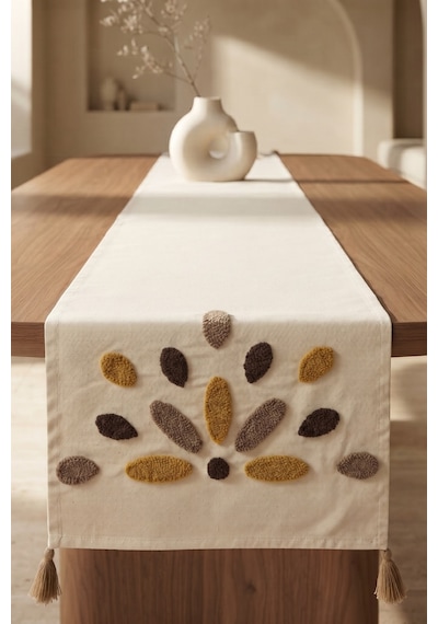 Güneş Damlası Renkli Punch Nakışlı Püsküllü Pamuk Runner Masa Örtüsü 40x130 Cm Vizon