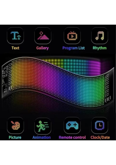 Araç İçi Led Panel Dijital Ekran Kumandalı Mobil Uygulamalı Kayar Led Rgb Ofis Parti Iş 37cm X 11 Cm Çok Renkli
