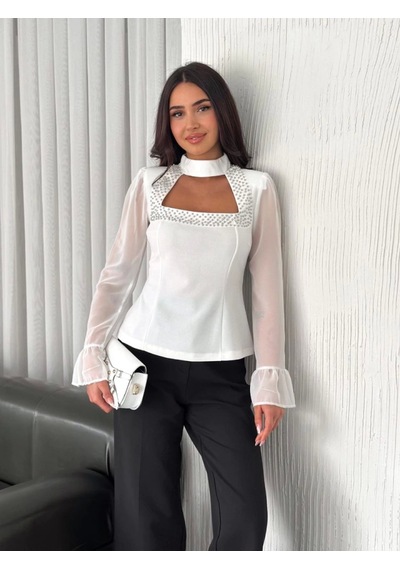 Soonaksesuar Kolları Şifon Göğüste İnci Boncuk Detaylı Bluz - Beyaz Beyaz