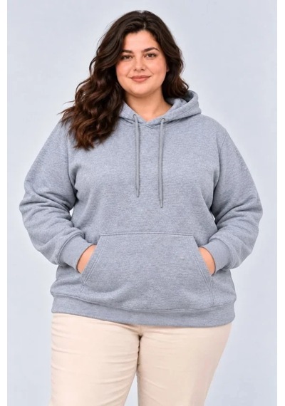 Zennamoda Battal Büyük Beden Üç İplik İçi Şardonlu Kapüşonlu Kanguru Cepli Kışlık Sweatshirt - Gri
