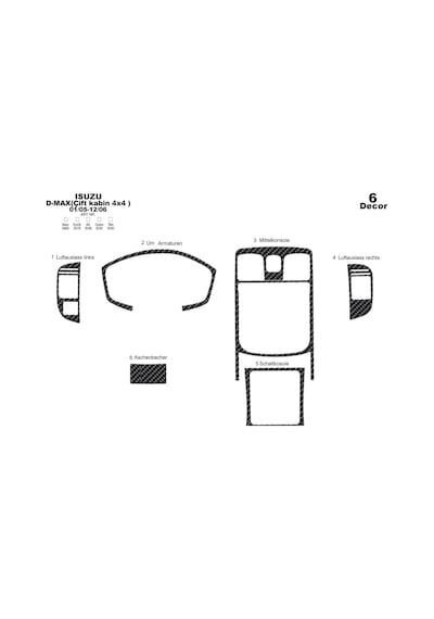 Isuzu D Max Çift Kabin 4x4 Konsol-torpido Kaplama 2005-2006 6 Parça-karbon Karbon