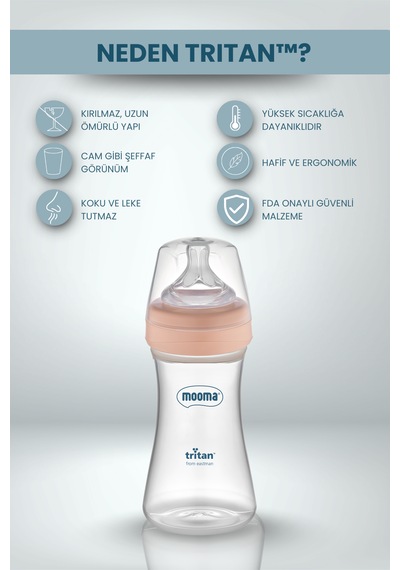 Mooma Neutra Antikolik Tritan Biberon 250 Ml 6-18 Ay Orta Akış Mercan Pembe