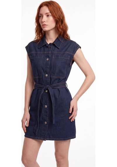 CEMO Kadın Kemerli Denim Mini Gömlek Elbise Lacivert