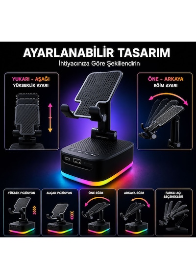 Rgb Ledli 3 In 1 Telefon Tutucu Powerbank Ve Bluetooth Hoparlör Özellikli Tf Kart Ve Usb Bellek Destekli Taşınabilir Telefon Tutucu