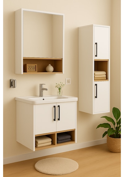 Dmz Home Concept Legna 65 Cm Beyaz-ahşap Renkli Mdf, Seramik Lava Beyaz - Meşe