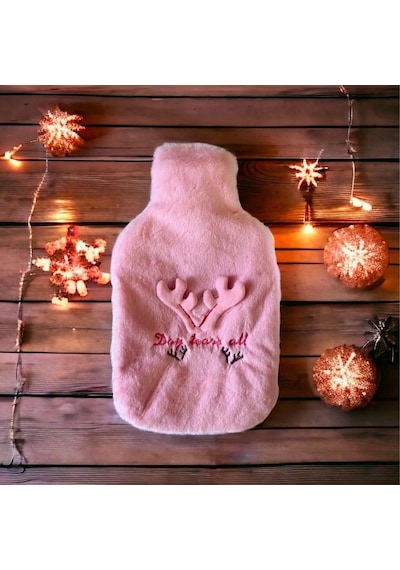 2 Litrelik Geyikli Model Peluş Kılıflı Sıcak Su Torbası Pembe