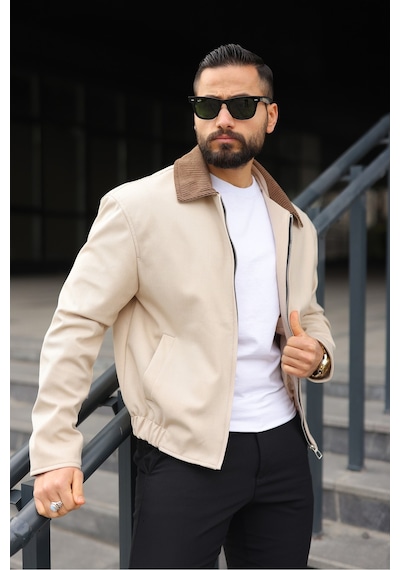 Kadife Yakalı Trucker Model Ceket Krem