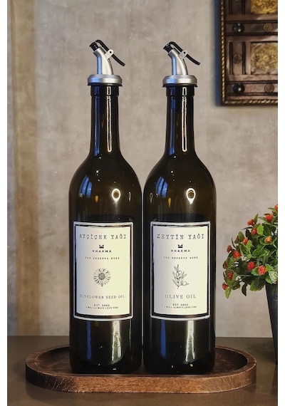 Khakma Ahşap Standlı Zeytinyağ  + Ayçiçek Yağ Şişesi 2'li Set Amber 750 ML