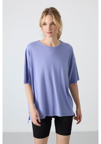Tommy Life Açık Eflatun Penye Modal Yumuşak Tuşeli Oversize Fit Basic Kadın T-shirt- 97285 Eflatun