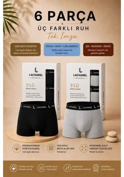 Veraura Lifestyle Erkek Likralı Pamuklu Nefes Alan Penye 6 Adet Boxer - Siyah - Gri Çok Renkli
