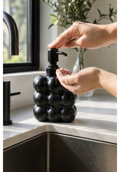 Modern Bubble Sıvı Sabunluk 400 Ml Siyah Pompalı Kabarcık Desenli Banyo Ve Mutfak Tezgâh Üstü Dispenser - 15 Cm X 9 Cm X 6,5 Cm