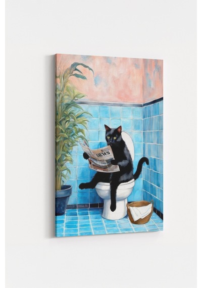 Modern Sanat Gazete Okuyan Kedi Tasarımlı Komik Banyo Duvar Kanvas Tablo Kanvas Çok Renkli