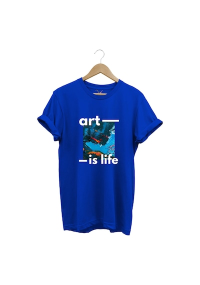 Sanatsal Renkli Tasarım Baskılı Art İs Life Yazılı %100 Pamuk Regular Fit Unisex T-shirt Mavi