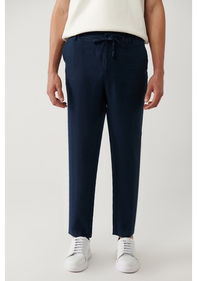 Avva Erkek Lacivert Beli Lastikli Keten Pantolon B003032 Lacivert