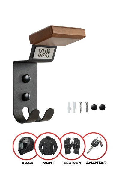 Vux Moto Premium Kask Askısı Ahşap Metal Motosiklet Ekipman Askılığı Mat Siyah