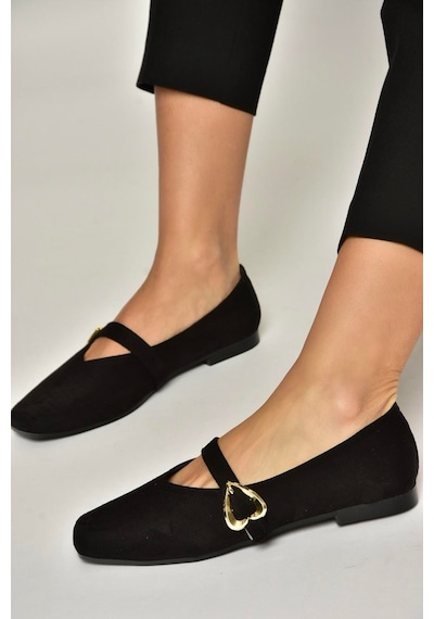 Fox Shoes Y726632602 Siyah Süet Kalp Toka Detaylı Kadın Babet Siyah