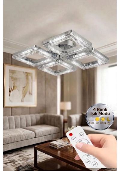 LumiaLighting Yakamoz Model Gümüş Kumandalı 4"lü Ledli 3 Renk Modu Kristal Salon Mutfak Yatak Çocuk Odası Avize
