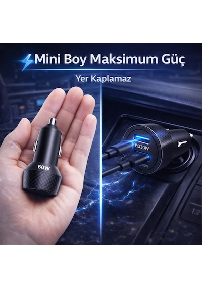 Polham 60w Pd Hızlı Araç Şarj Cihazı 2x Type-c Çıkışlı 12v / 24v Uyumlu Araç Çakmaklık Şarj Adaptörü 1 Adet