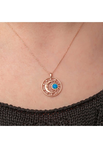 Gümüş Rose Opal Mavi Taşlı Ay Güneş Kadın Kolye Gümüş - Rose Gold