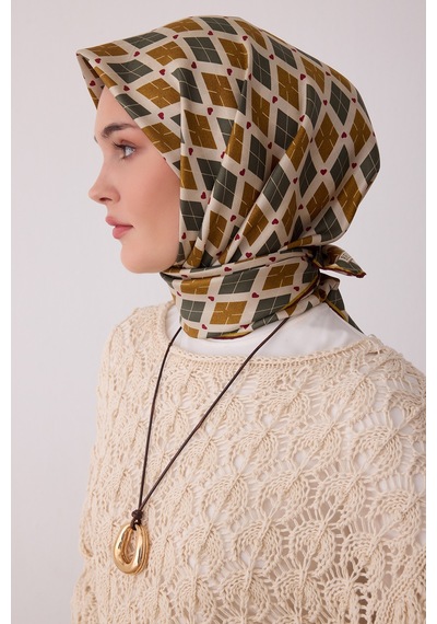 Belli Geometrik Desen %100 Twill İpek Eşarp Be08 Hardal-haki