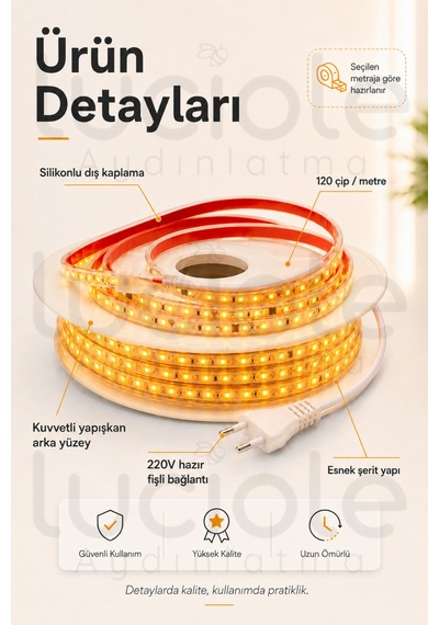 3 Metre 220v Amber Şerit Led Hazır Fişli Tak Çalıştır Silikonlu Yapışkanlı Dış Mekan