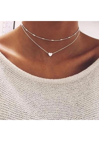 Gümüş Renk Gerdanlık Kolye Kadınlar İçin Top Zincir Kalp Kolye Tek Renk