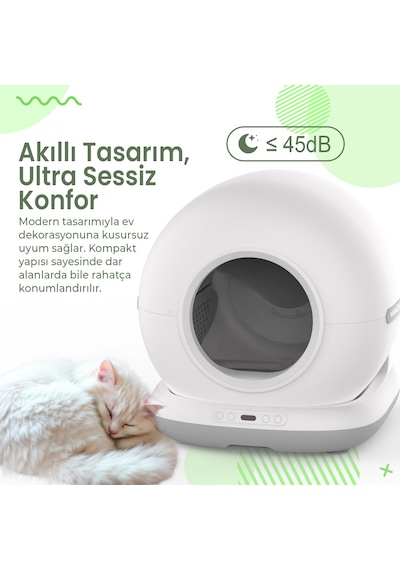 Haustier Cb001 Gri Akıllı Otomatik Kedi Tuvaleti, App İle Uzaktan Kontrol, 75lt Hazne, 7lt Çöp Haznesi, Ağırlık Sensörlü