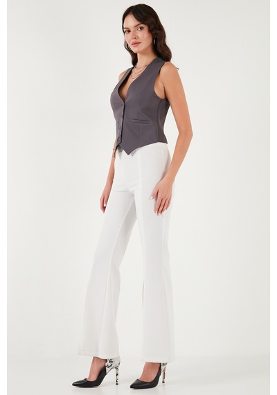 Lela Fitted Fit Düğmeli V Yaka Düğmeli Bayan Yelek 6696796 Füme
