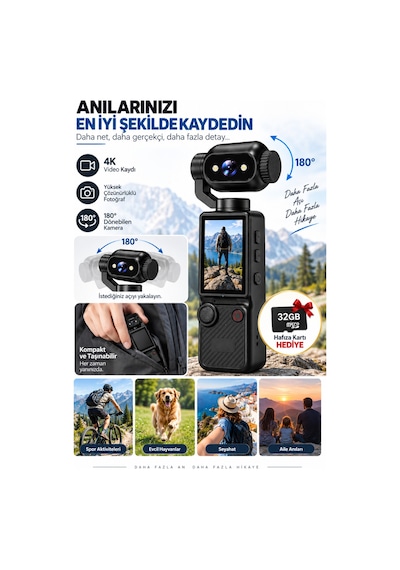 4k Ultra Hd Aksiyon Kamerası 180 Dönen Lens Spor Seyahat Vlog Ve Günlük Kullanım Kamerası Siyah