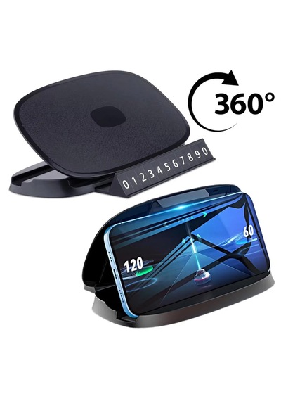 Cr10 3in1 Araç Torpido Üstü Telefon Tutucu Güneş Işığı Korumalı Yüzey Park Numaratör 360 Döner Yapışkan Taban Mat Siyah