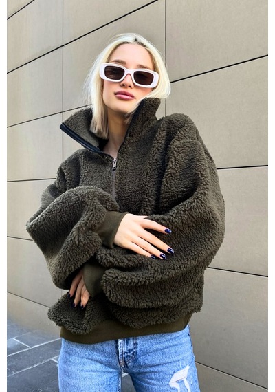 Madmext Haki Peluş Fermuar Yaka Sweatshirt Mg1413 Haki