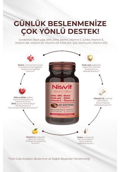 Nisvit Omega 3, Epa - Dha, Demir, Folik Asit, Vitamin, B, C, D, E, Çinko, Iyot Içeren Multivitamin