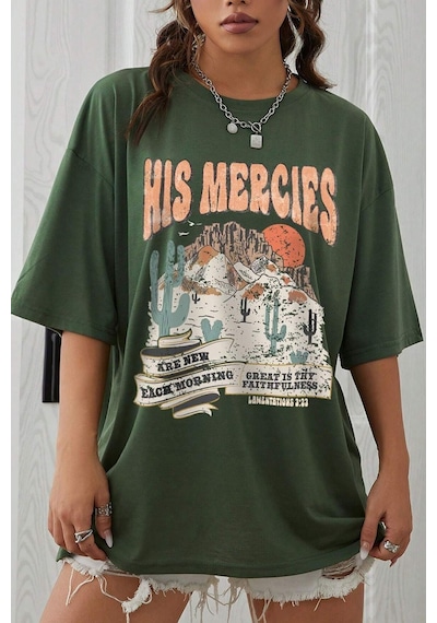 Uyguntarz Unisex His Mercies Baskılı Oversize Tshirt Yeşil
