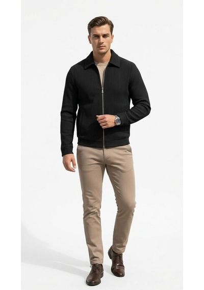 Plus Scorpion Slim Fit Fitilli Dokulu Erkek Fermuarlı Mont Ceket Günlük Şık Kombin Siyah