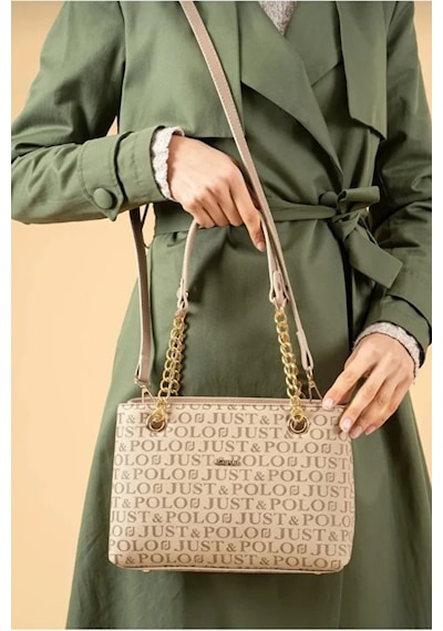 Just Polo Orijinal Kadın 3 Bölmeli Zincir Detaylı Ayarlanabilir Askılı Lüks El & Omuz Çantası Shoulder Bag Kum