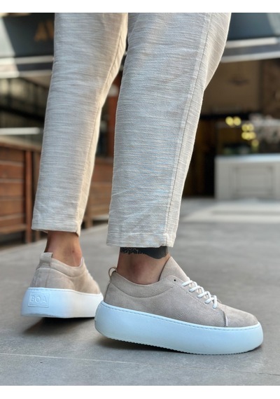 Le11 Bağcıklı Erkek Yüksek Taban İthal Süet Krem Spor Ayakkabı Krem