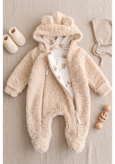 Babymod Kışlık Premium Kalite Kız Peluş Erkek Bebek Tulum Bej