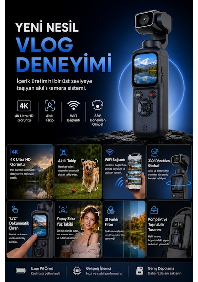 4k Ultra Hd Vlog Kamera 75mp Wifi Yapay Zeka Yüz Takipli 330 Gimbal 1.7 Dokunmatik Ekran 64gb Hafıza Kartlı