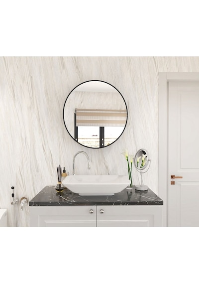 Makbulce Oval Aynalı Banyo Dolabı Mermer Desenli Mermer